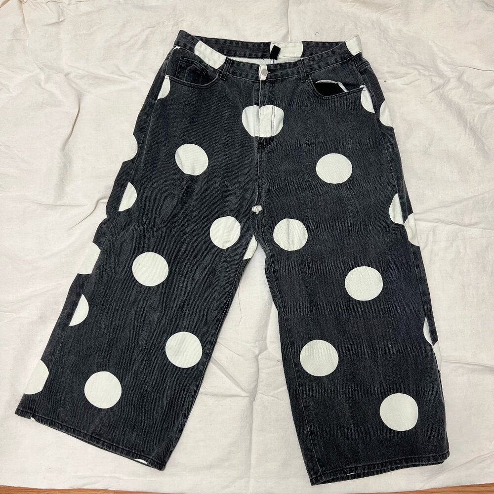 faded black denim pants with BIG off white colored polka dots SUPER CUTE!